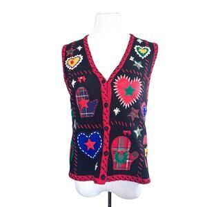 Studio Works Vintage Patchwork Stitch Christmas Holiday Vest Black Red Medium